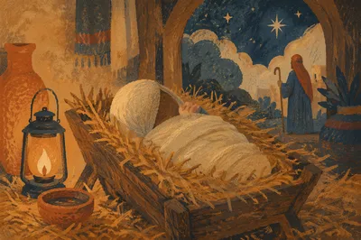 Baby Jesus in Straw Manger at Blue Hour
