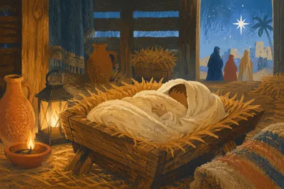 Baby Jesus in Straw Manger at Dawn