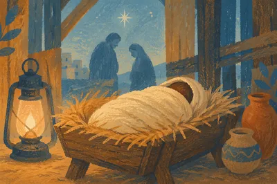 Baby Jesus in Straw Manger at Dawn