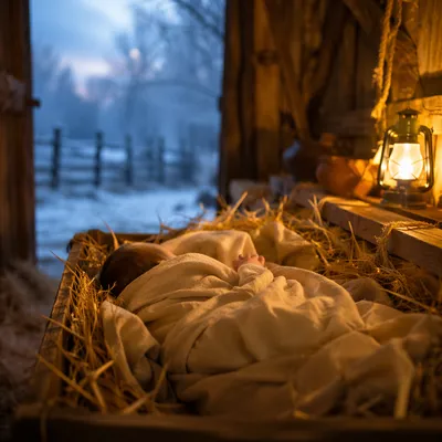 Baby Jesus in Manger at Winter Dawn