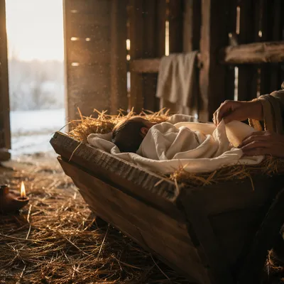 Baby Jesus in Manger at Winter Dawn