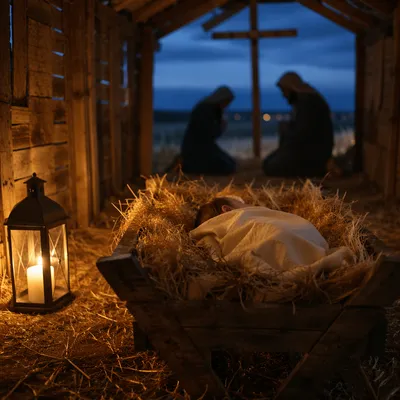 Baby Jesus in Straw Manger at Dusk