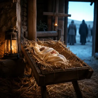 Baby Jesus in Straw Manger at Dawn