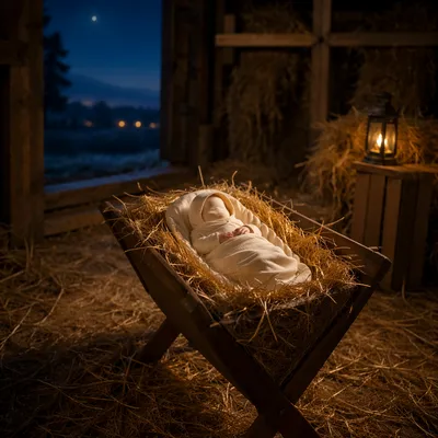Baby Jesus in Manger at Winter Dusk