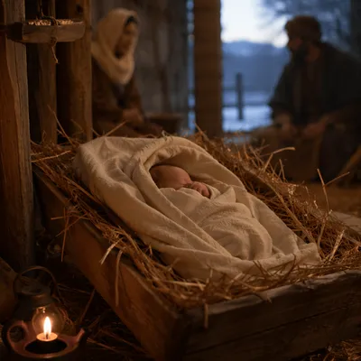 Baby Jesus in Manger at Winter Dawn