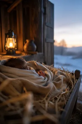 Baby Jesus in Straw Manger at Dawn