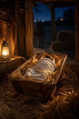 Baby Jesus in Straw Manger at Dusk