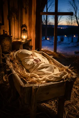 Baby Jesus in Manger at Winter Dusk