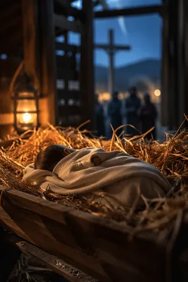 Baby Jesus in Straw Manger at Night