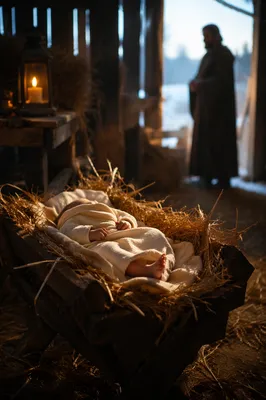 Baby Jesus Resting in Golden Manger Straw