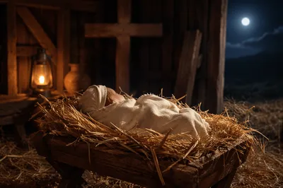 Baby Jesus in Straw Manger at Night
