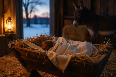 Baby Jesus Resting in Golden Straw Manger