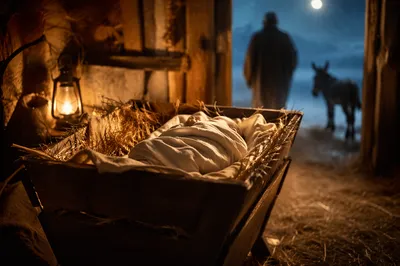 Baby Jesus Resting in Golden Straw Manger