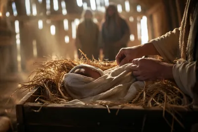 Baby Jesus in Manger at Winter Dawn