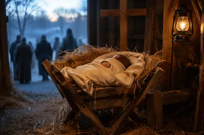 Baby Jesus in Straw Manger at Dawn