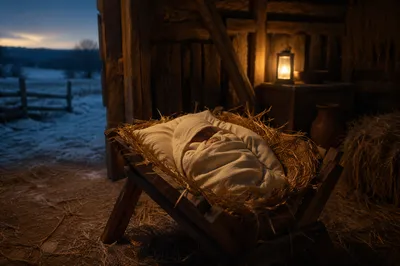 Baby Jesus in Manger at Winter Dusk