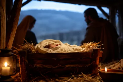 Baby Jesus in Manger at Winter Dawn