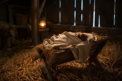 Baby Jesus in Straw Manger at Dawn