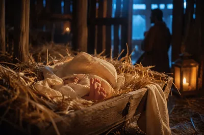 Baby Jesus Resting in Candlelit Manger