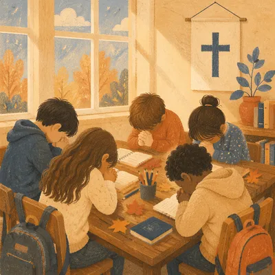 Children Praying Before School in Cozy Classroom