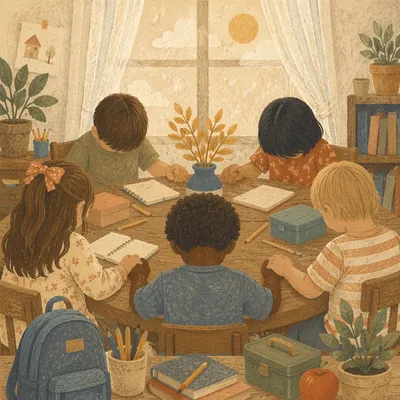 Children Praying Around Back to School Table