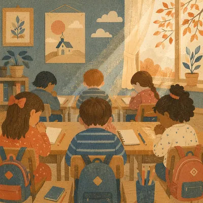 Children Praying Before School in Autumn Classroom