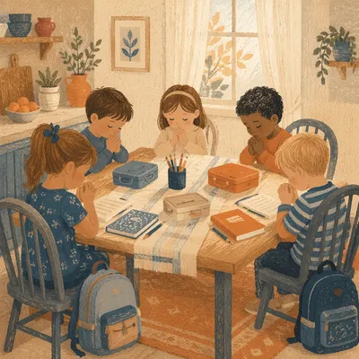 Children Praying Before School at Kitchen Table