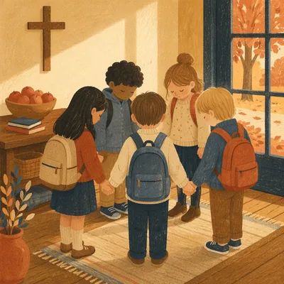 Children Praying Before School in Autumn