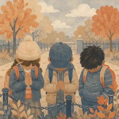 Children Praying Before School in Autumn