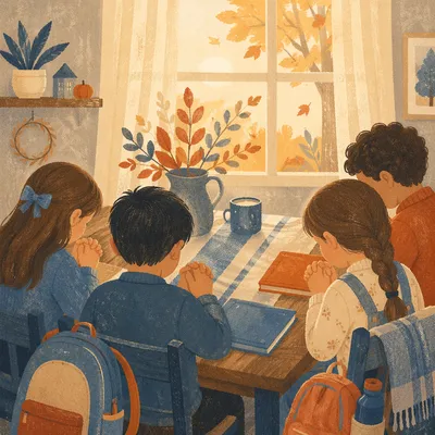 Children Praying Before School in Autumn