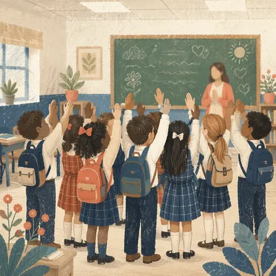 Children Praying at Classroom Doorway