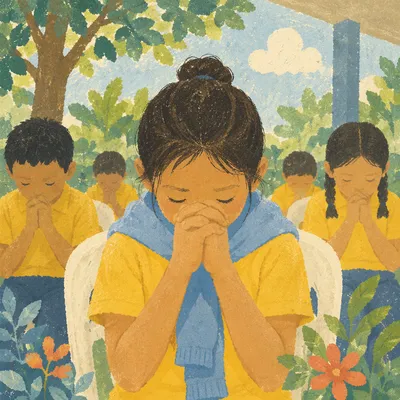 Children Praying Before School Outdoors