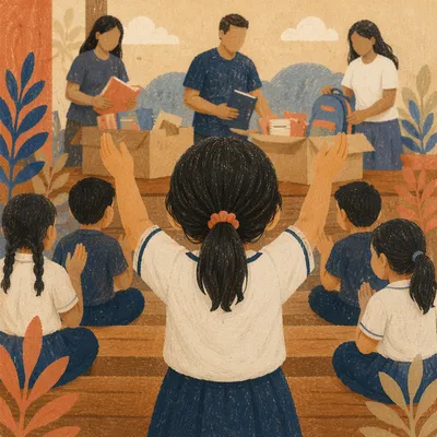 Children Praying in School Courtyard