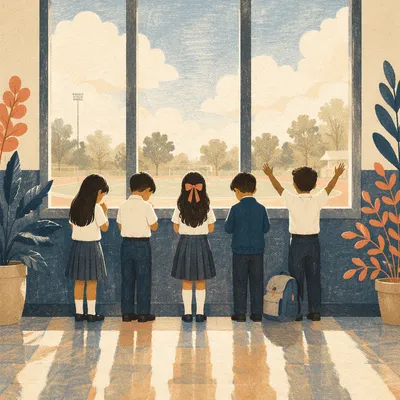 Children Praying Before School in Hallway