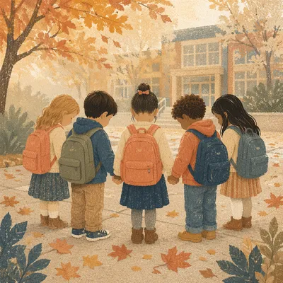 Children Praying Before School in Autumn