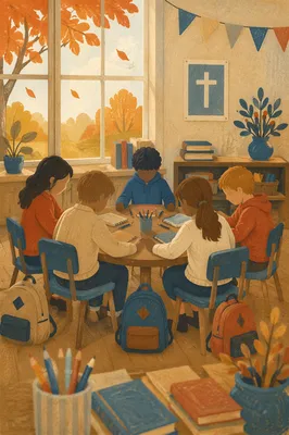 Children Praying Before School in Autumn