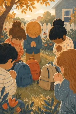 Children Praying Before First Day of School