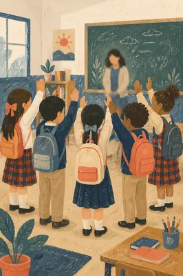 Children Praying at Classroom Doorway