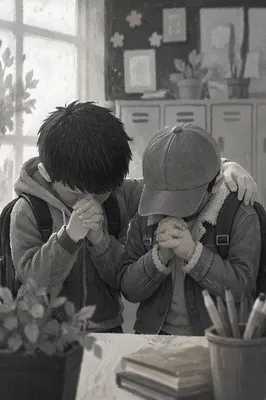 Children Praying Before School Entrance