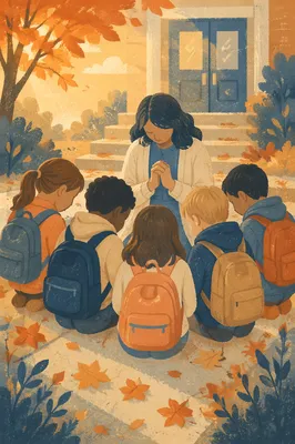 Children Praying Before School in Autumn