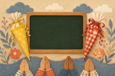 Children Praying Beside Back to School Chalkboard