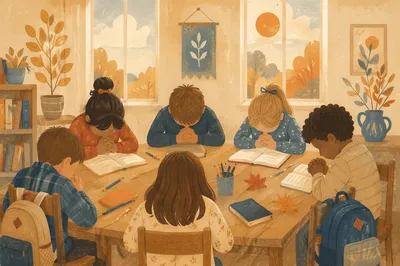 Children Praying Before School in Classroom