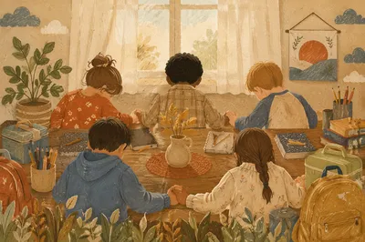 Children Praying Before School in Autumn Classroom