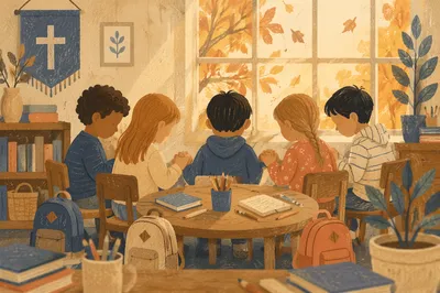 Children Praying Before School in Classroom