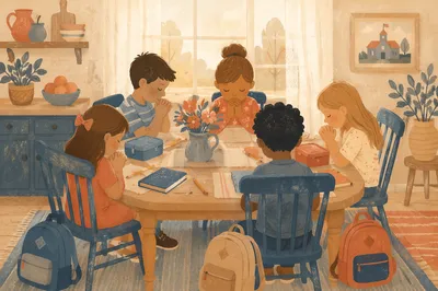 Children Praying Before School at Kitchen Table