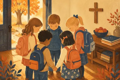 Children Praying Before School in Autumn