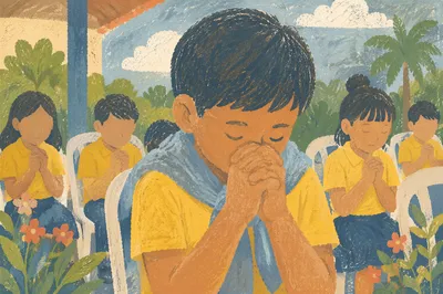 Children Praying Before School Morning Gathering