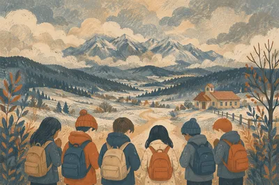 Children Praying Before School in Winter