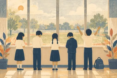 Children Praying Before School in Hallway