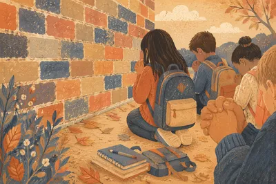 Children Praying Before School in Autumn